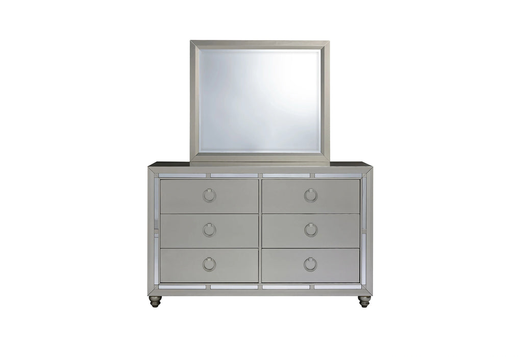 Riley Silver King Bed, Dresser, Mirror, 2 Nightstands and Chest