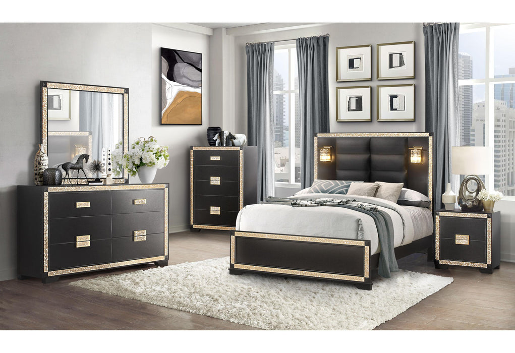BLAKE BLACK/GOLD KING BED GROUP WITH LAMPS