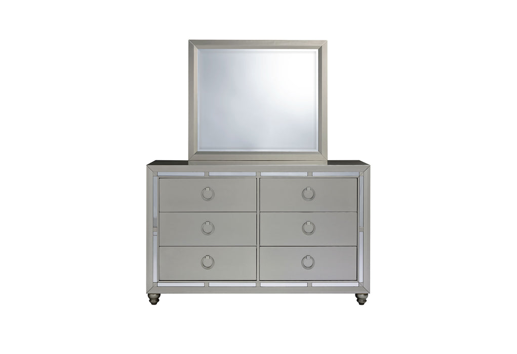 RILEY SILVER KING BED, DRESSER, MIRROR, 2 NIGHTSTANDS AND CHEST